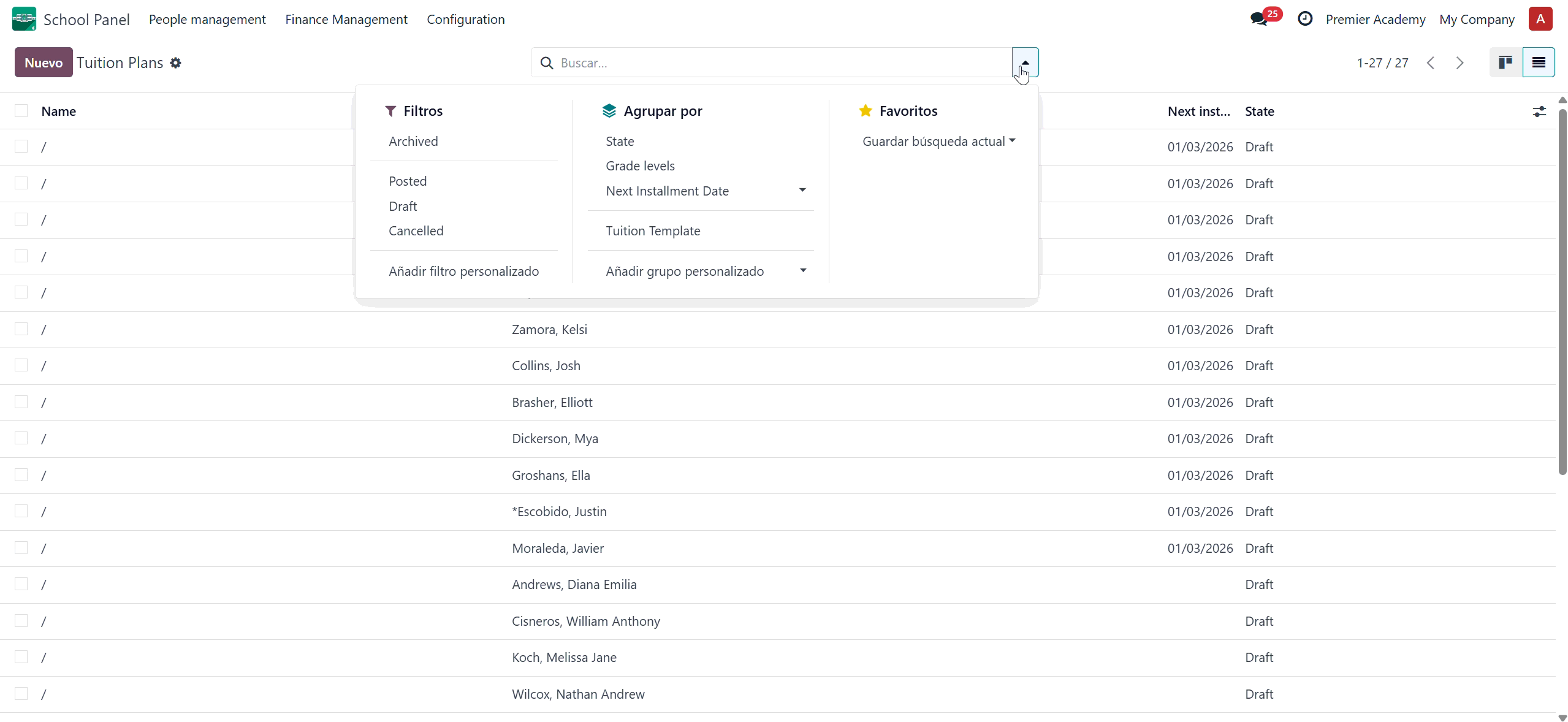Filtrar y agrupar Tuition Plans