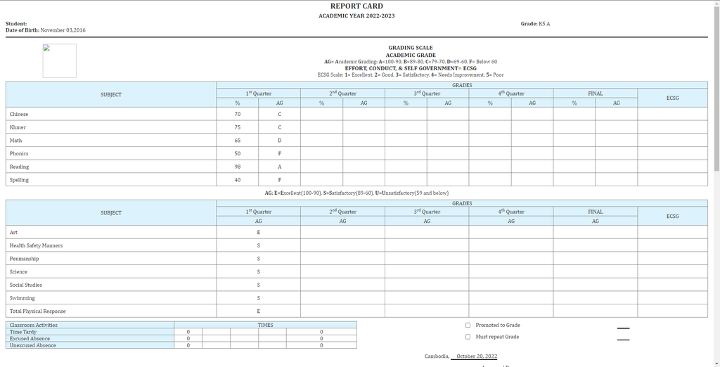Instructions Report Card K5